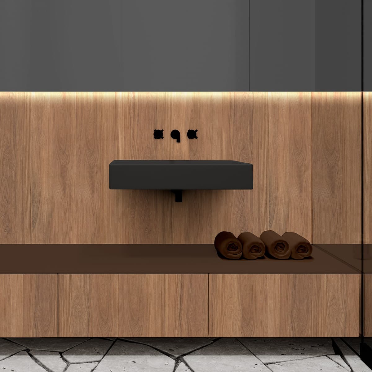 Pared de lavabo de baño con vinilo imitación madera - Rena